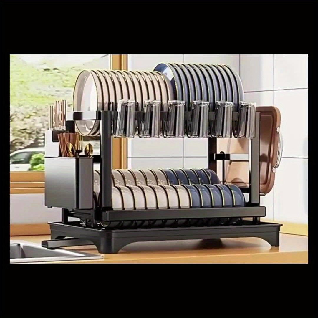 1pc Large Capacity 2-Tier Dish Drying Rack with Drainboard, Double-Layer Bowl & Cup Rack, Detachable Over The Sink Organizer for Kitchen Counter, Black & White - Ideal for Plates, Bowls, Cups & Cutlery Storage, Dish Drying Rack
