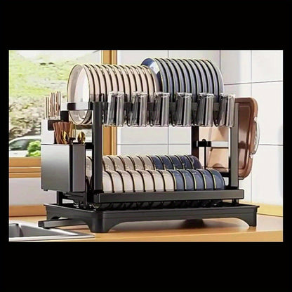 1pc Large Capacity 2-Tier Dish Drying Rack with Drainboard, Double-Layer Bowl & Cup Rack, Detachable Over The Sink Organizer for Kitchen Counter, Black & White - Ideal for Plates, Bowls, Cups & Cutlery Storage, Dish Drying Rack
