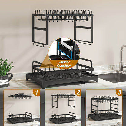 1pc Large Capacity 2-Tier Dish Drying Rack with Drainboard, Double-Layer Bowl & Cup Rack, Detachable Over The Sink Organizer for Kitchen Counter, Black & White - Ideal for Plates, Bowls, Cups & Cutlery Storage, Dish Drying Rack
