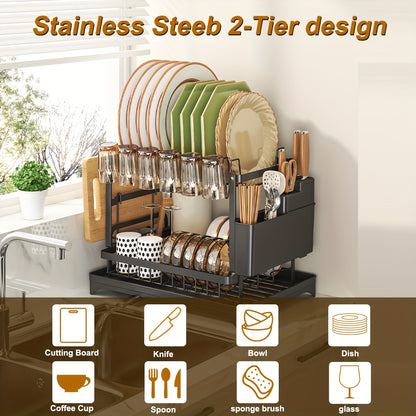 1pc Large Capacity 2-Tier Dish Drying Rack with Drainboard, Double-Layer Bowl & Cup Rack, Detachable Over The Sink Organizer for Kitchen Counter, Black & White - Ideal for Plates, Bowls, Cups & Cutlery Storage, Dish Drying Rack