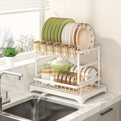 1pc Large Capacity 2-Tier Dish Drying Rack with Drainboard, Double-Layer Bowl & Cup Rack, Detachable Over The Sink Organizer for Kitchen Counter, Black & White - Ideal for Plates, Bowls, Cups & Cutlery Storage, Dish Drying Rack