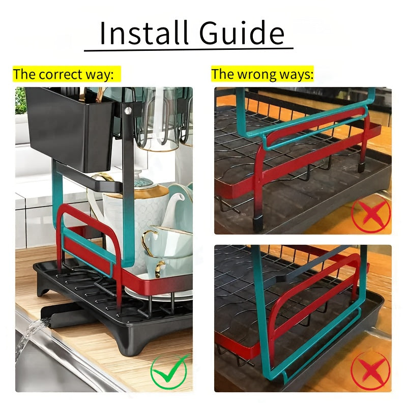 1pc Large Capacity 2-Tier Dish Drying Rack with Drainboard, Double-Layer Bowl & Cup Rack, Detachable Over The Sink Organizer for Kitchen Counter, Black & White - Ideal for Plates, Bowls, Cups & Cutlery Storage, Dish Drying Rack