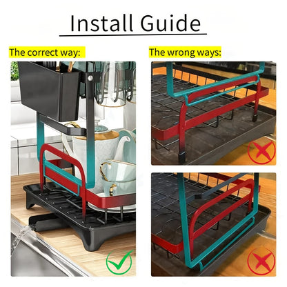 1pc Large Capacity 2-Tier Dish Drying Rack with Drainboard, Double-Layer Bowl & Cup Rack, Detachable Over The Sink Organizer for Kitchen Counter, Black & White - Ideal for Plates, Bowls, Cups & Cutlery Storage, Dish Drying Rack