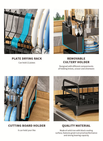 1pc Large Capacity 2-Tier Dish Drying Rack with Drainboard, Double-Layer Bowl & Cup Rack, Detachable Over The Sink Organizer for Kitchen Counter, Black & White - Ideal for Plates, Bowls, Cups & Cutlery Storage, Dish Drying Rack