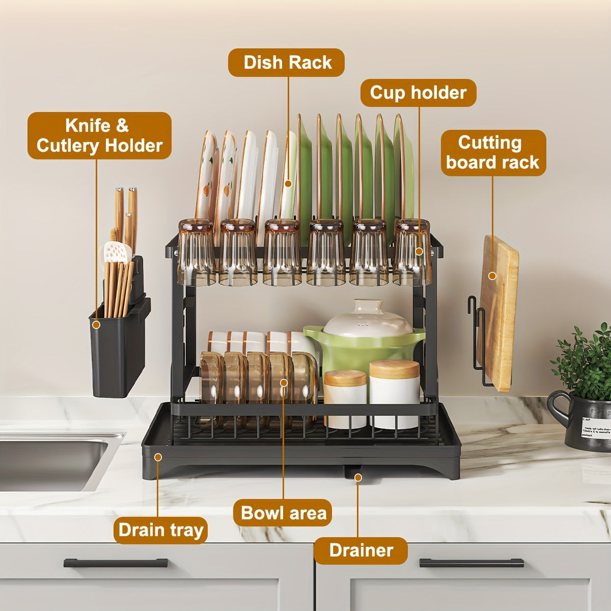 1pc Large Capacity 2-Tier Dish Drying Rack with Drainboard, Double-Layer Bowl & Cup Rack, Detachable Over The Sink Organizer for Kitchen Counter, Black & White - Ideal for Plates, Bowls, Cups & Cutlery Storage, Dish Drying Rack