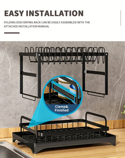 1pc Large Capacity 2-Tier Dish Drying Rack with Drainboard, Double-Layer Bowl & Cup Rack, Detachable Over The Sink Organizer for Kitchen Counter, Black & White - Ideal for Plates, Bowls, Cups & Cutlery Storage, Dish Drying Rack