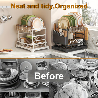 1pc Large Capacity 2-Tier Dish Drying Rack with Drainboard, Double-Layer Bowl & Cup Rack, Detachable Over The Sink Organizer for Kitchen Counter, Black & White - Ideal for Plates, Bowls, Cups & Cutlery Storage, Dish Drying Rack